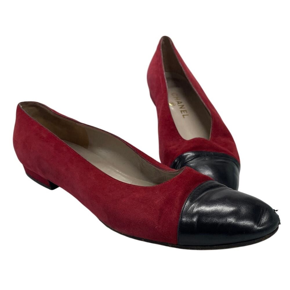 CHANEL Two Tone Black Leather & Maroon Red Suede Ballerina Flats Size 9.5